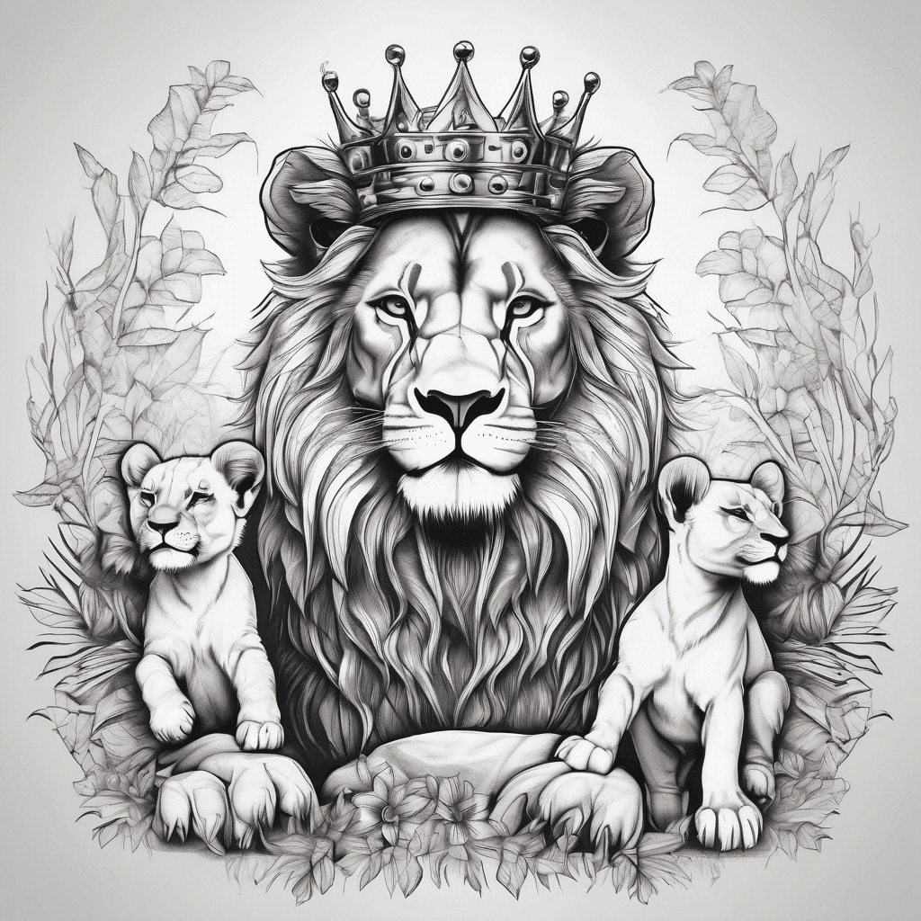 Lion with 2 baby cubs playing in jungle with crowns