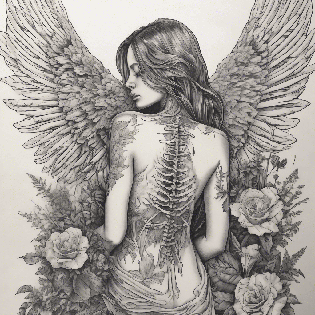 Back tattoo of a serene woman in a dress, resting peacefully, embraced from behind by a skeleton with arms wrapped around her. They are enveloped in large, textured angel wings. Set in an outdoor garden, the piece is surrounded by lush plants and flowers,