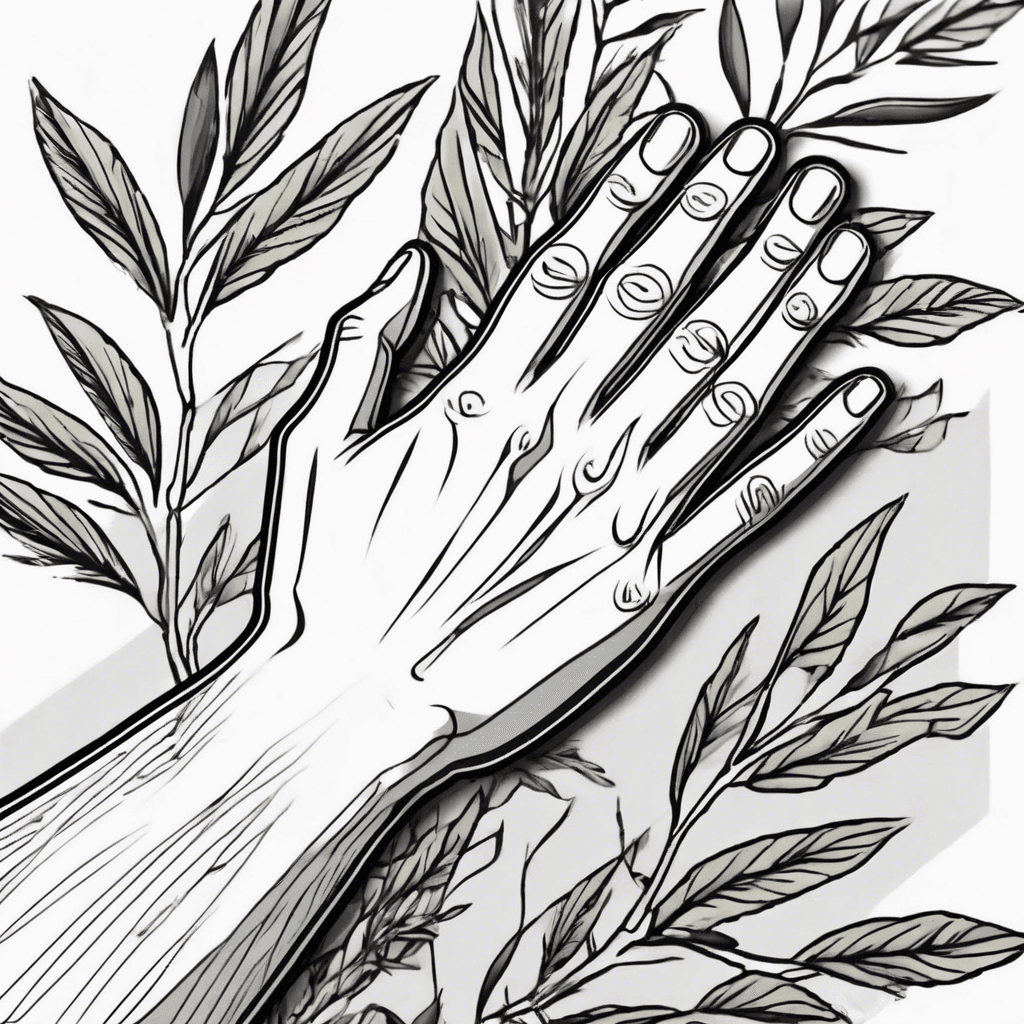 Minimalist fine line Hand tattoo with olive branch vines wrap around wrist and fingers