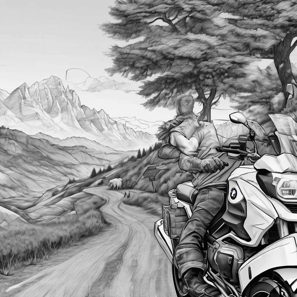 A beautiful view in the mountains, a road, a motorbike, freedom, riding a BMW GS 1250 motorbike, in the distance you can see a Polish highlander sitting on a stone and looking at sheep.
