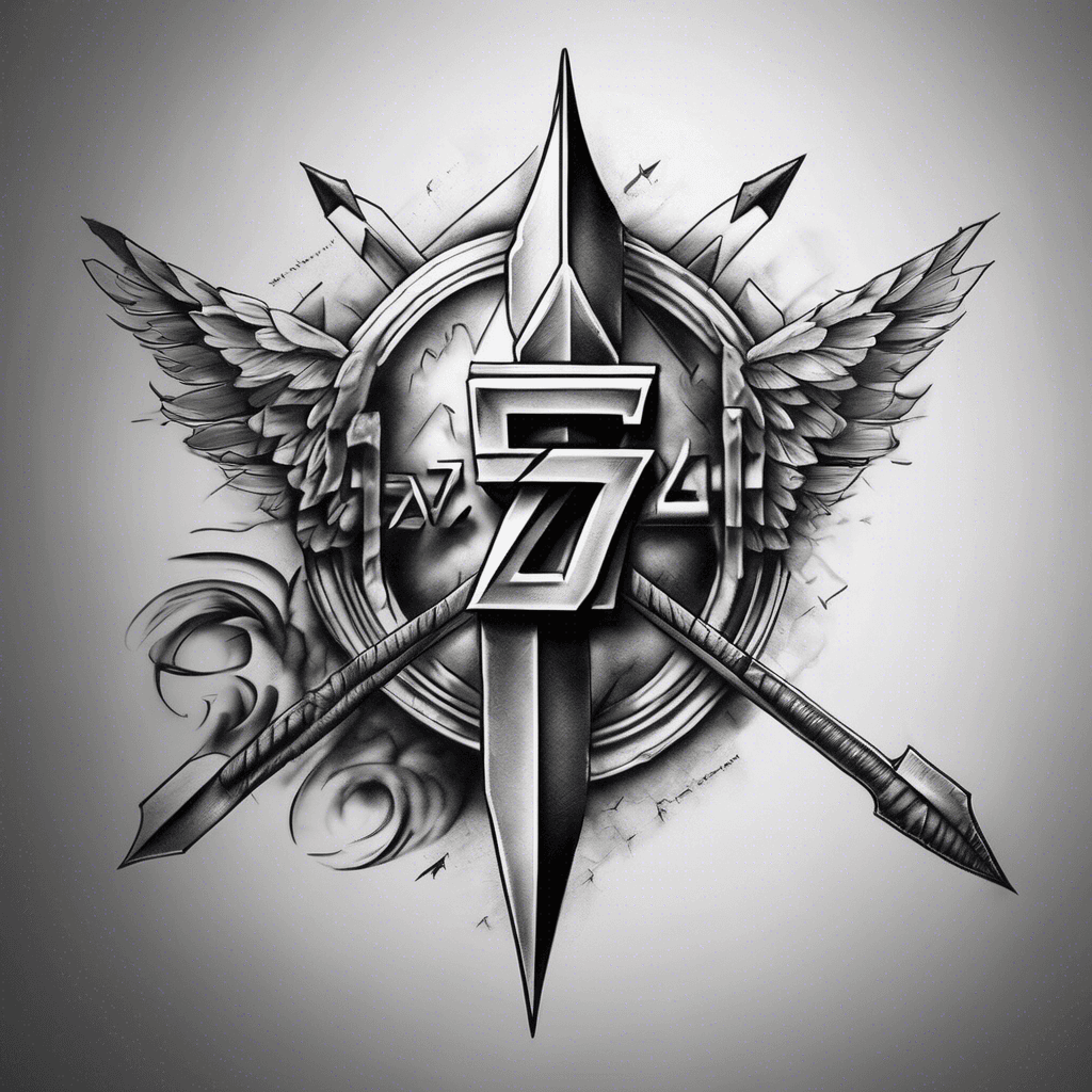 Realistic black and grey tattoo design for forearm, featuring the number "777" pierced by a horizontal arrow. The arrow should look detailed and sharp, with metallic reflections and shadows. Surround the numbers with light smoke shading to add depth and a dark atmosphere. Placement: forearm.