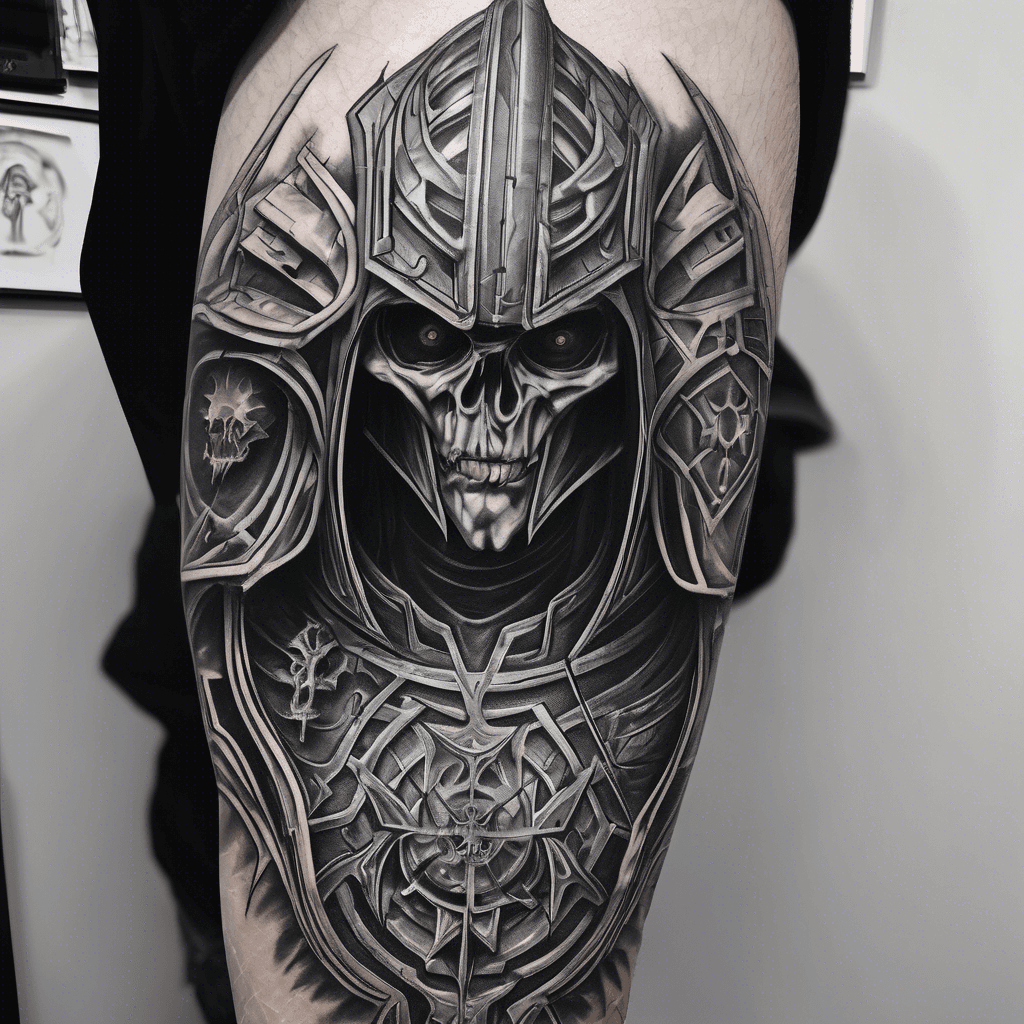 full sleeve, inspired by warhammer 40000 universe, chaos factions symbols and a heretic tech priest