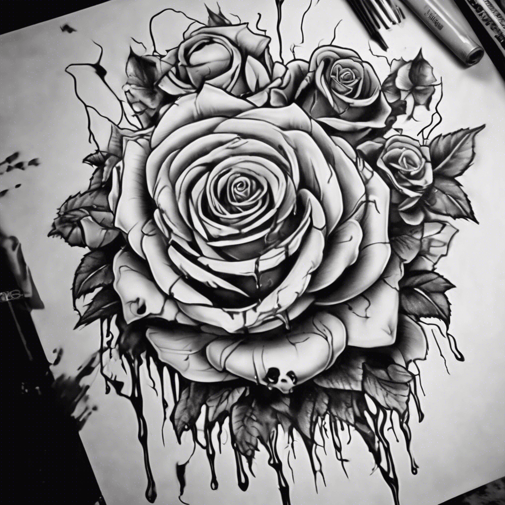 Make a badass tattoo of the name Rayne with blood dripping down it with roses, vines and snakes around it, with bloody roses, skulls and knives