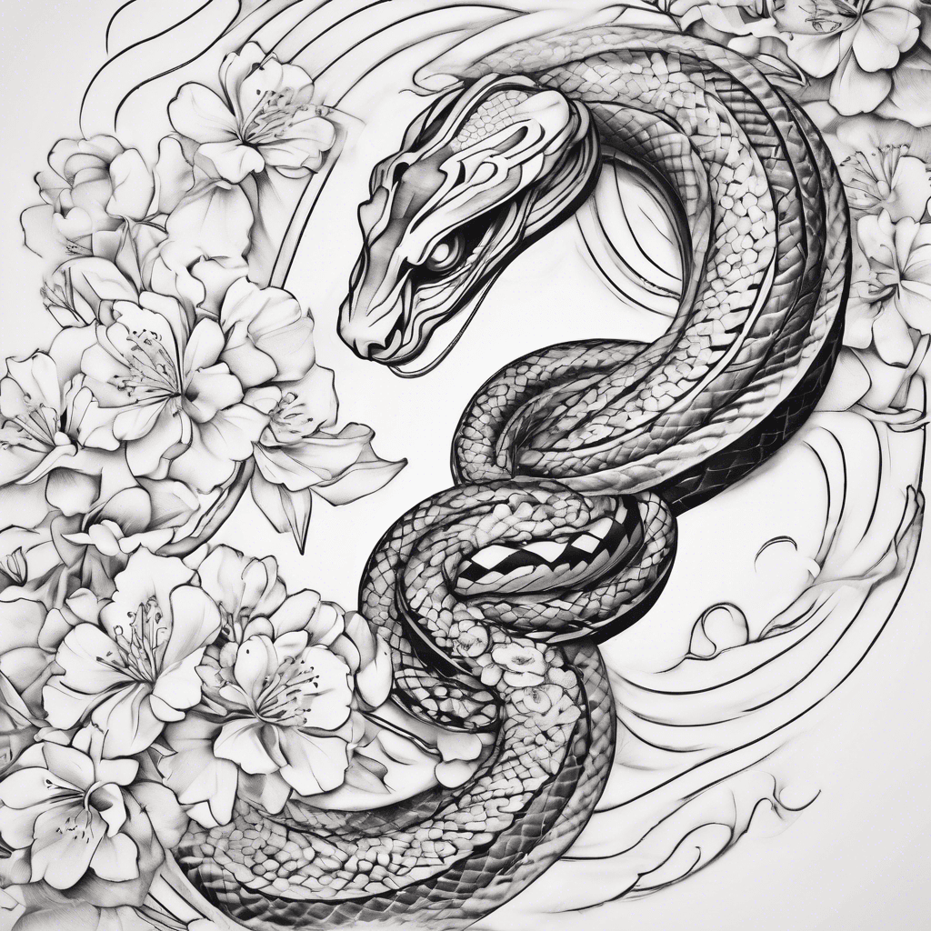 Tattoo design: a geometric snake coiling from shoulder to wrist, in Japanese-style composition. Segmented body, sharp lines, smooth flowing curves. Background includes stylized waves, wind bars, or cherry blossom petals, symbolizing transformation and strength. Black and white line art, clean and bold, suitable for full-arm tattoo.