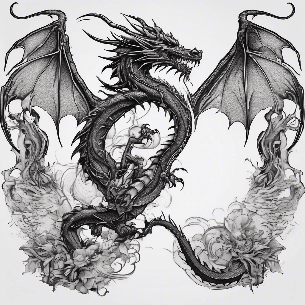 Dragon and black silhouette of man on a sleeve tatoo