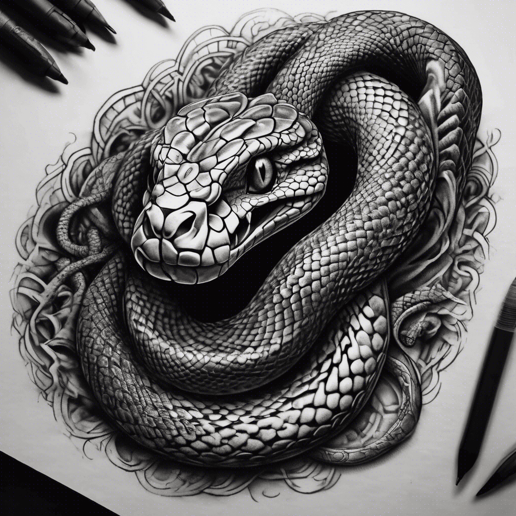 Highly detailed blackwork tattoo design of a snake. The snake is coiled, mouth open, sharp fangs exposed. Dark shading with heavy blacks, deep shadows and strong contrast. No flames, no smoke, no background effects – pure bold tattoo style. Ornamental details in the scales and head, dramatic and intimidating look. High contrast, sharp linework, tattoo-ready design.
