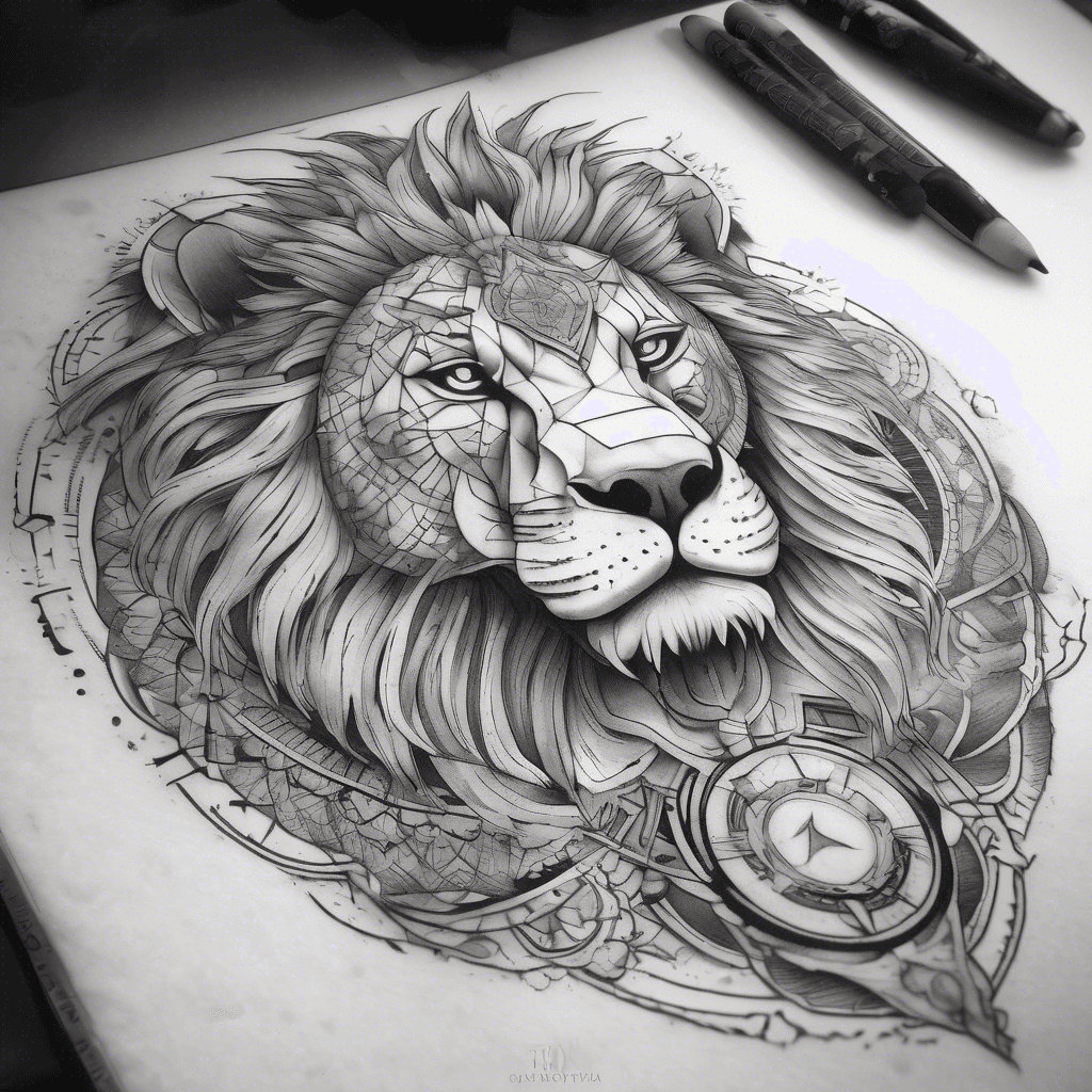sleeve design for the right arm. On the upper arm, a majestic lion’s head with a flowing mane is framed by a radiant sun disc and geometric mandala patterns. The forearm features a Samurai warrior in armour, symbolising honour and discipline, surrounded by cosmic imagery such as galaxies and stars. At the wrist, the Om symbol is centred, glowing with subtle energy rays. The background blends fire, light beams, and cosmic shading, connecting the lion, warrior, and Om into one continuous composition.