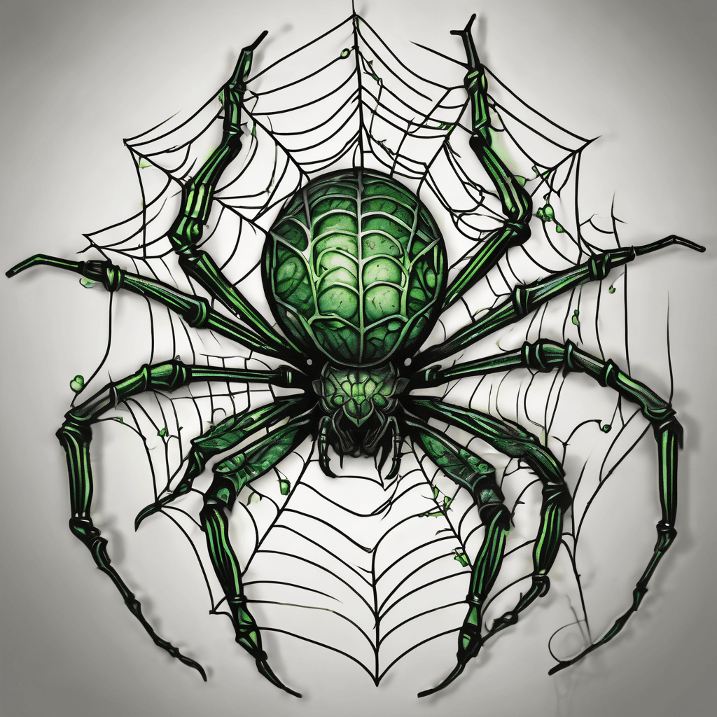 A detailed black spider with glowing green accents on its legs and eyes, weaving a web that transforms into leafy vines. Some strands of the web dissolve into rippling water patterns, symbolizing my love for nature and swimming.