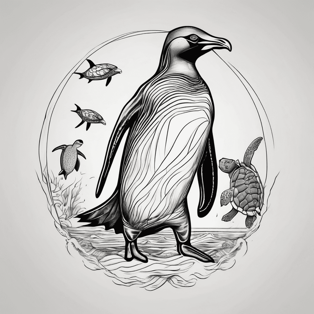 Penguin and sea turtle
