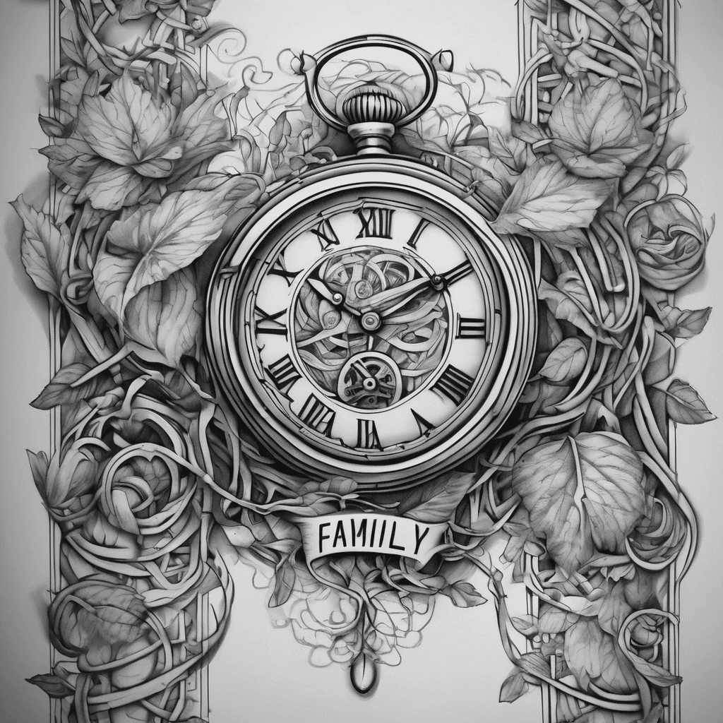 A full sleeve featuring two intricately detailed pocket watches intertwined with vines, and the word 'Family' elegantly scripted across them.