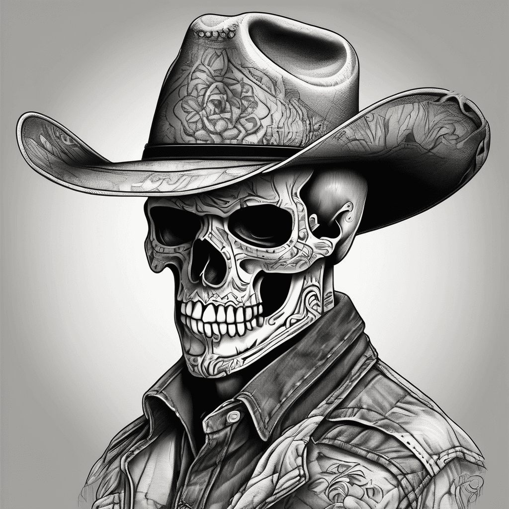 Patchwork style skull wearing a cowboy hat looking to the left
