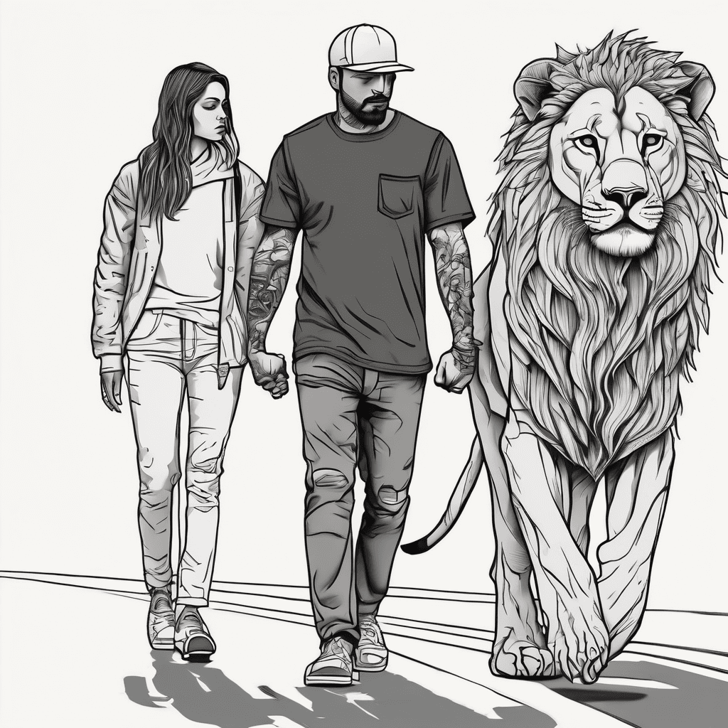 Two people walking with lion