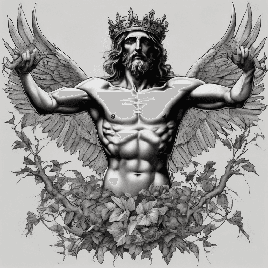 Create a detailed black and grey realism tattoo with no central focus, combining classical, religious, and mythological imagery. Include Michelangelo’s David, a sorrowful Jesus wearing the crown of thorns, Icarus falling with broken wings, and the near-touching hands from the Creation of Adam. Weave intertwining vines throughout to unify the composition. Ensure all elements share equal visual importance, with smooth flow across the design, dramatic shading, soft gradients, and intricate realistic details for skin, feathers, fabric, and textures. The piece should feel harmonious, interconnected, and visually balanced from top to bottom and side to side, suitable for a full sleeve or large panel.”