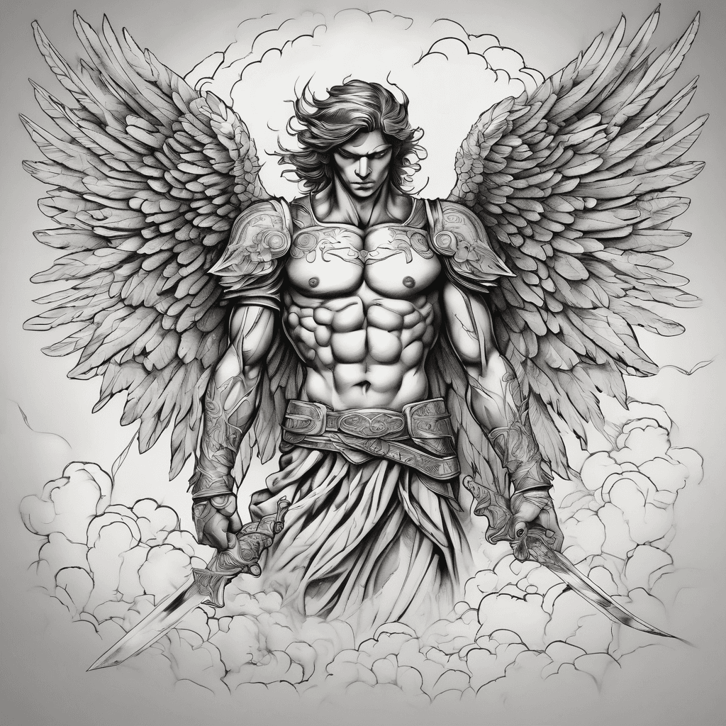 A fierce male angel warrior with majestic wings outstretched, wielding a sword made of light, standing on a cloud amidst stormy skies.