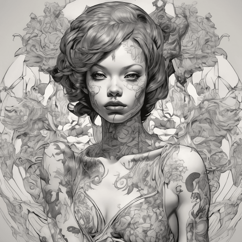 art style James Jean, Jamie Hewlett, detailed drawing, best quality, silk clothes ,colour parts skin, realistic anatomy, different ethnic ,full body view, digital art, realistic skin, bodies interaction, punk, dynamics, with surrealistic, monarch , monk, girl
