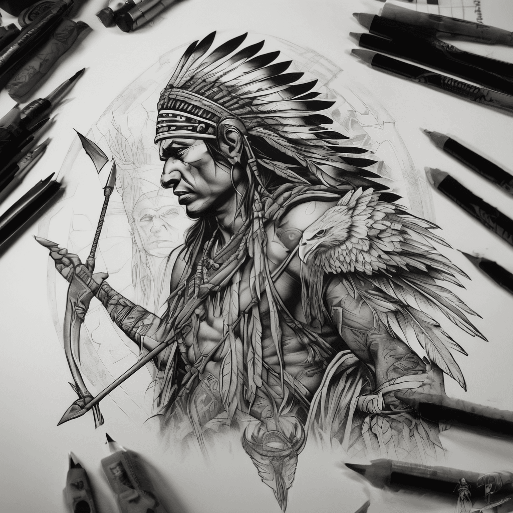 A crouching Indian with two quivers, a broken arrow in hand, and an eagle soaring above, symbolizing strength and wisdom
