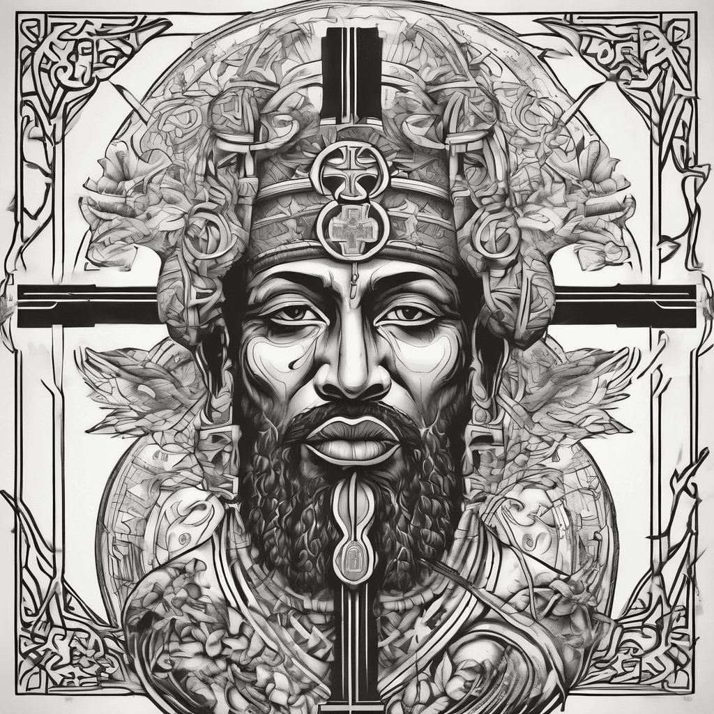 AIで生成したAn Ethiopia Coptic cross with the Greek god of medicine…のタトゥーデザイン