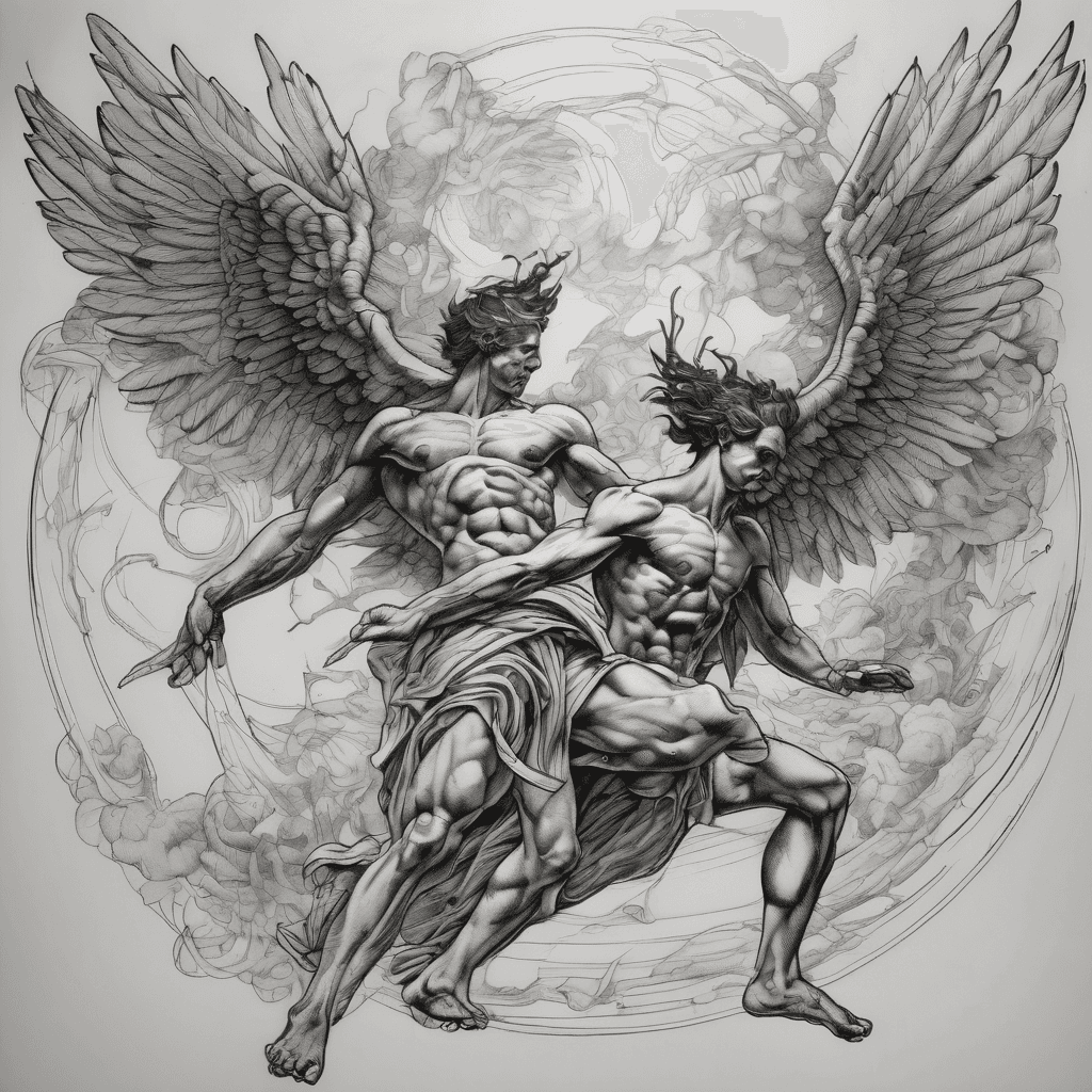 Two winged figures floating in midair. The upper figure has massive, detailed wings fully extended, holding a trumpet raised to the mouth, about to blow. In the other hand, a lightning-shaped weapon points downward. The lower figure is twisted in midair, one arm raised in fear or defiance, with wings drooping. Black and white tattoo style. No background. High contrast. Clean linework. Sharp silhouette