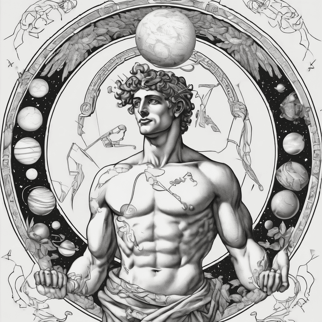 Hermes, the Greek messenger of the gods, holding his caduceus, is surrounded by the planet Mercury (perhaps even the entire solar system), he has such a pleasant, naive, childish, mischievous expression on his face, there may be various other symbols of Greek mythology around him that are associated with him (connected by lines that complete the overall impression)