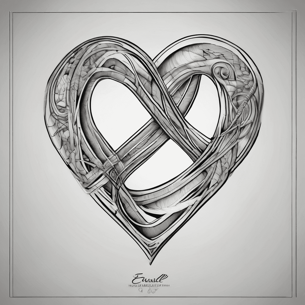fine line infinity symbol with small love heart and names Russell, Emma, Dwane, Jack