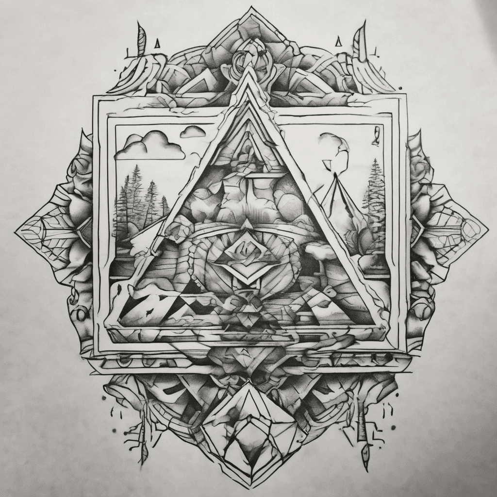 I want to get a tattoo on my wrist, not too big but also not tiny. It should have a triangle and a hexagon involved, ideally underneath each other so that eventually a third shape could be added. It should be fine line and monochromatic, and both minimalistic but also artistic and it can have some flower and stars elements in it. Those symbols represent space missions so some space things can be in there too.
