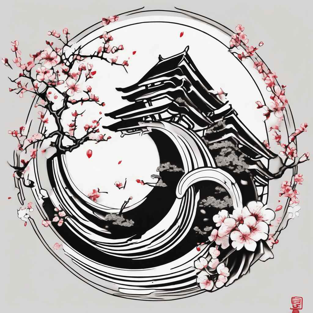 Japanese style tattoo design, featuring a mitsudomoe symbol (three swirling commas) in bold black ink, surrounded by delicate sakura cherry blossom branches. Mostly black and white line art, clean and balanced, with subtle red details only on a few cherry blossom petals. Minimalist, elegant, designed for outer forearm placement, vertical layout, not too crowded.
