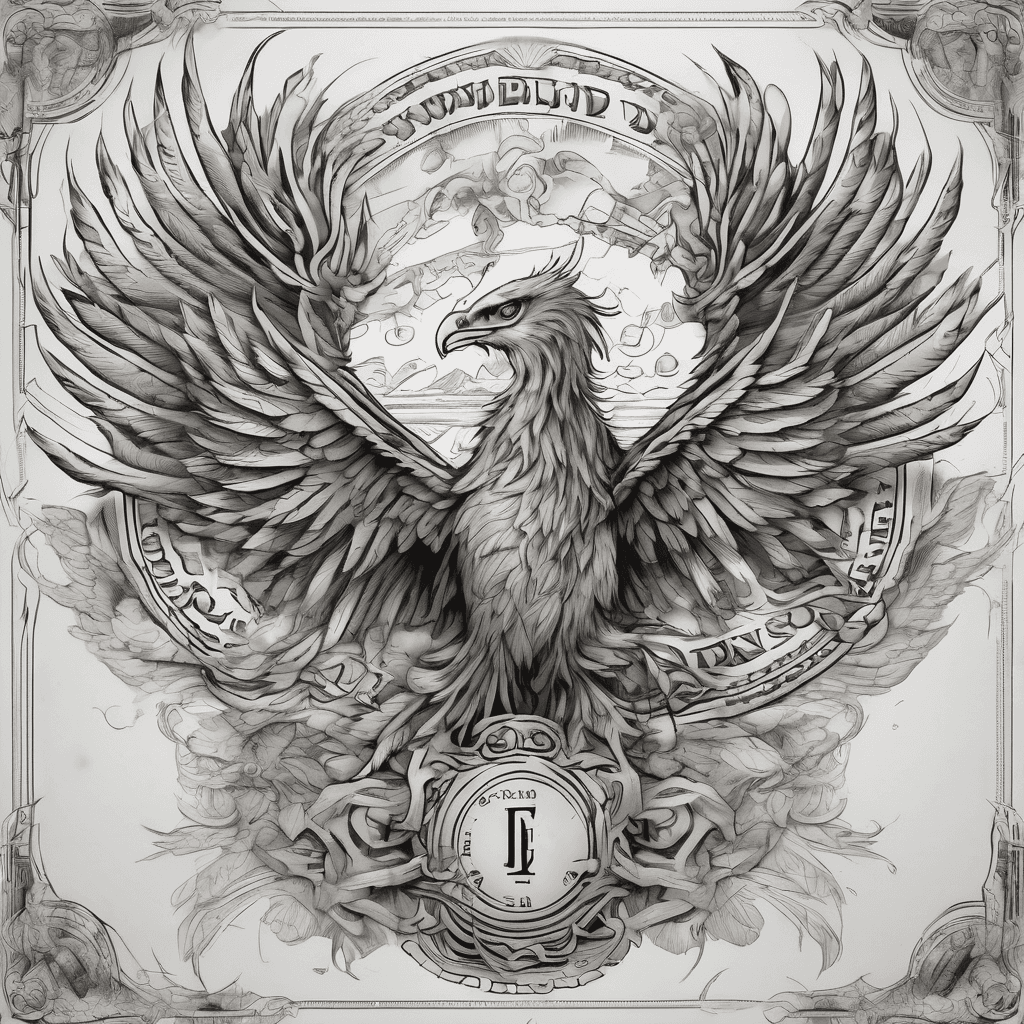 Generated Idea A vintage banner wrapped in dollar bills, with a phoenix rising from the center, symbolizing wealth reborn and creativity soaring