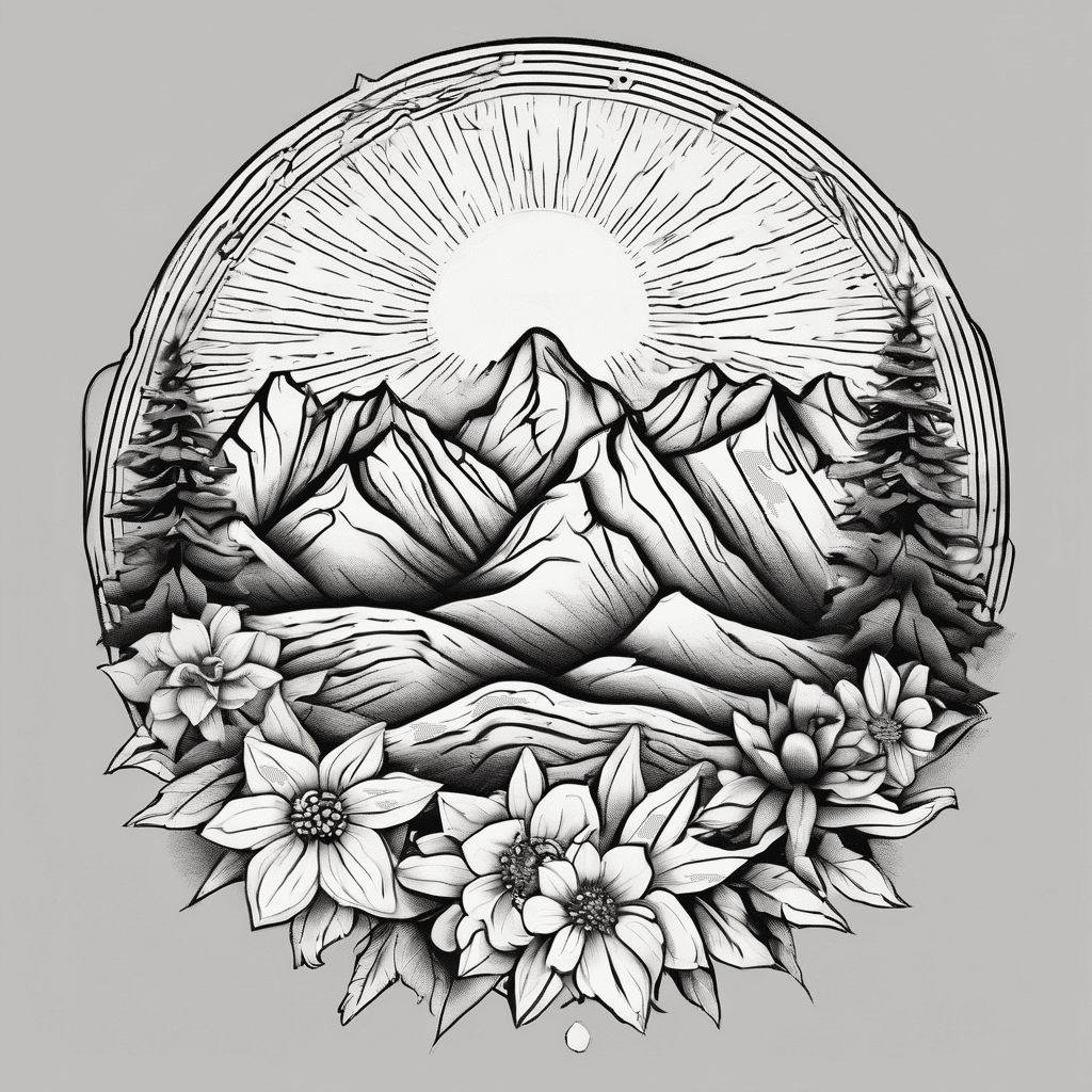 Mountains, sun with rays, trees, Edelweiss flower, round dotted design