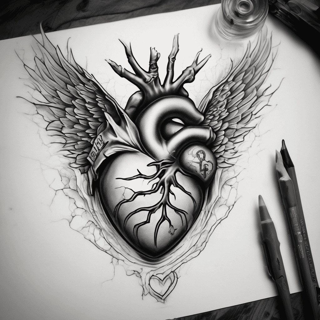 Tattoo concept for the left chest: torn skin revealing a realistic anatomical heart. The heart is stretched between an angel tugging at the 1 o’clock position and a demon tugging at the 7 o’clock position. Angel glowing, ethereal, with wings; demon dark, clawed, smoky. Include broken ribs, veins, and torn tissue for realism. Style: hyper-realistic, 3D, dramatic shading, vivid contrast between light and dark.