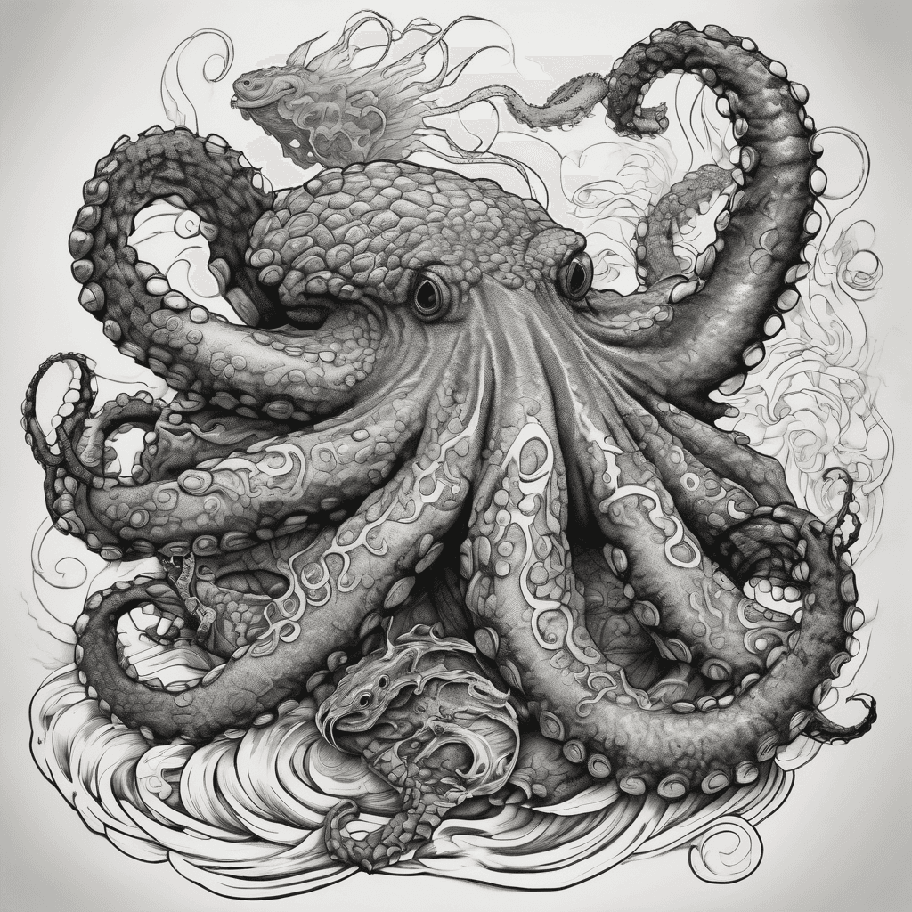 A vibrant octopus gracefully curls over a fierce snapping turtle, while three elegant sea dragons weave through the waves below.