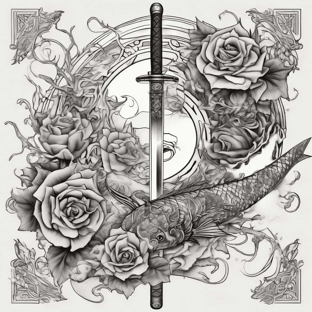 Black and white tattoo design, highly detailed linework, Japanese ornamental katana sword with intricate hilt, wrapped by thorny rose vines and blooming roses, two flowing ornamental fish in yin-yang formation (one black, one white), stylized and abstract, not realistic, no visible eyes, elegant shading, clean tattoo flash style, perfect for upper arm placement, high contrast, symmetrical composition