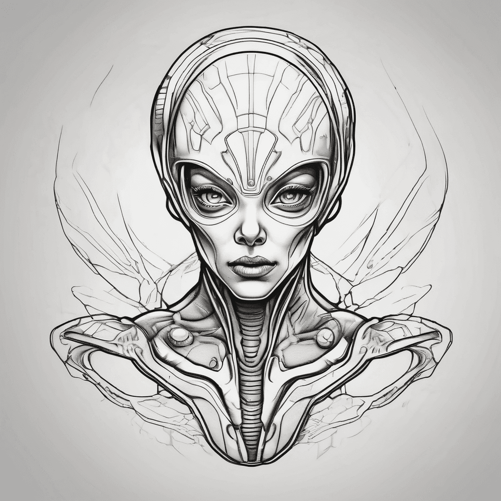 Ink portrait of an alien spacewoman.