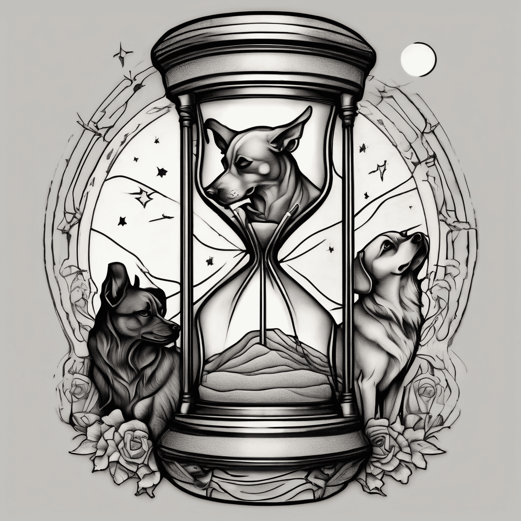 Hourglass with stars, moon and silhouette of two dogs in top portion of hourglass. Skull, and sand on bottom portion of hourglass. Raven and Dove outside of hourglass
