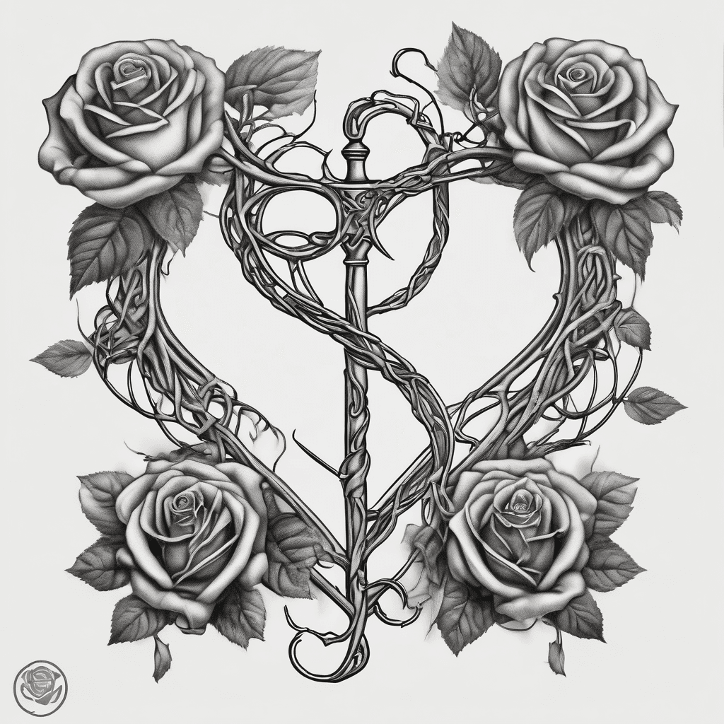 Look An infinity rose vine. On the left side of the vine infinity loop is a human heart with a sword behind it. On the right side of the vine infinity loop is a human heart with a sword in front of it. The roses on the vine should vary in size and states of bloom. The leaves should vary in size and angle. Style is realistic in grayscale. the hearts should be at different angles.
