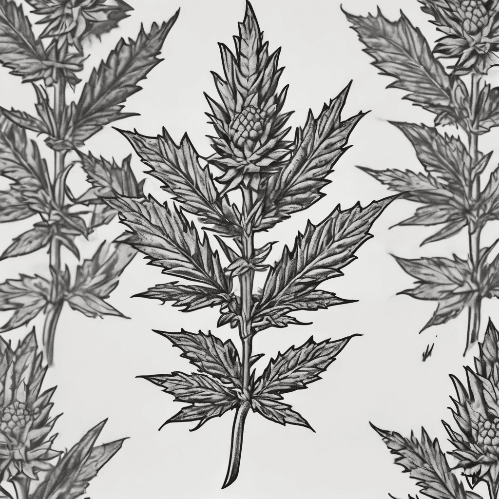 A cannabis vine in flowering and a line seporatingnit from a 90s guy punk rock style design