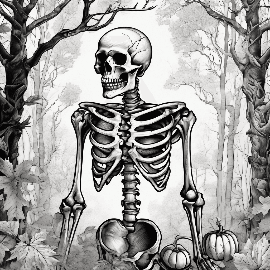 Full skeleton in a forest with pumpkins