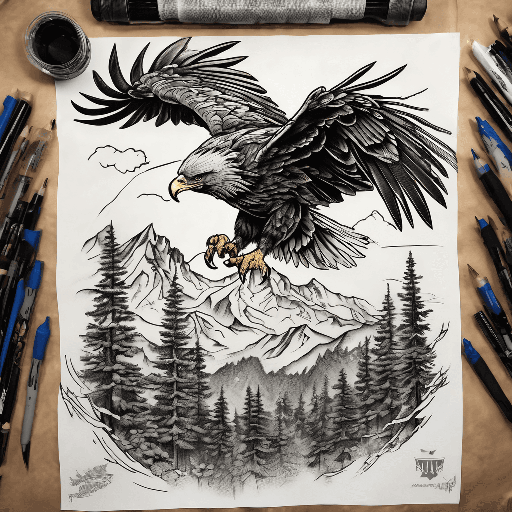 Mountains in a forest forming leg sleeve giant eagle landing with claws wide open, clearly detail and vibrant colors