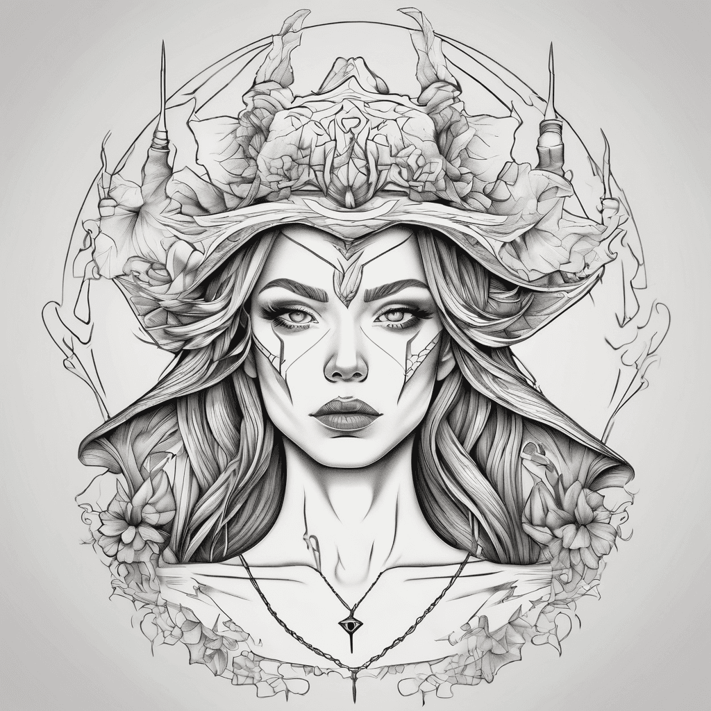 A minimalistc tattoo of a half-naked witch