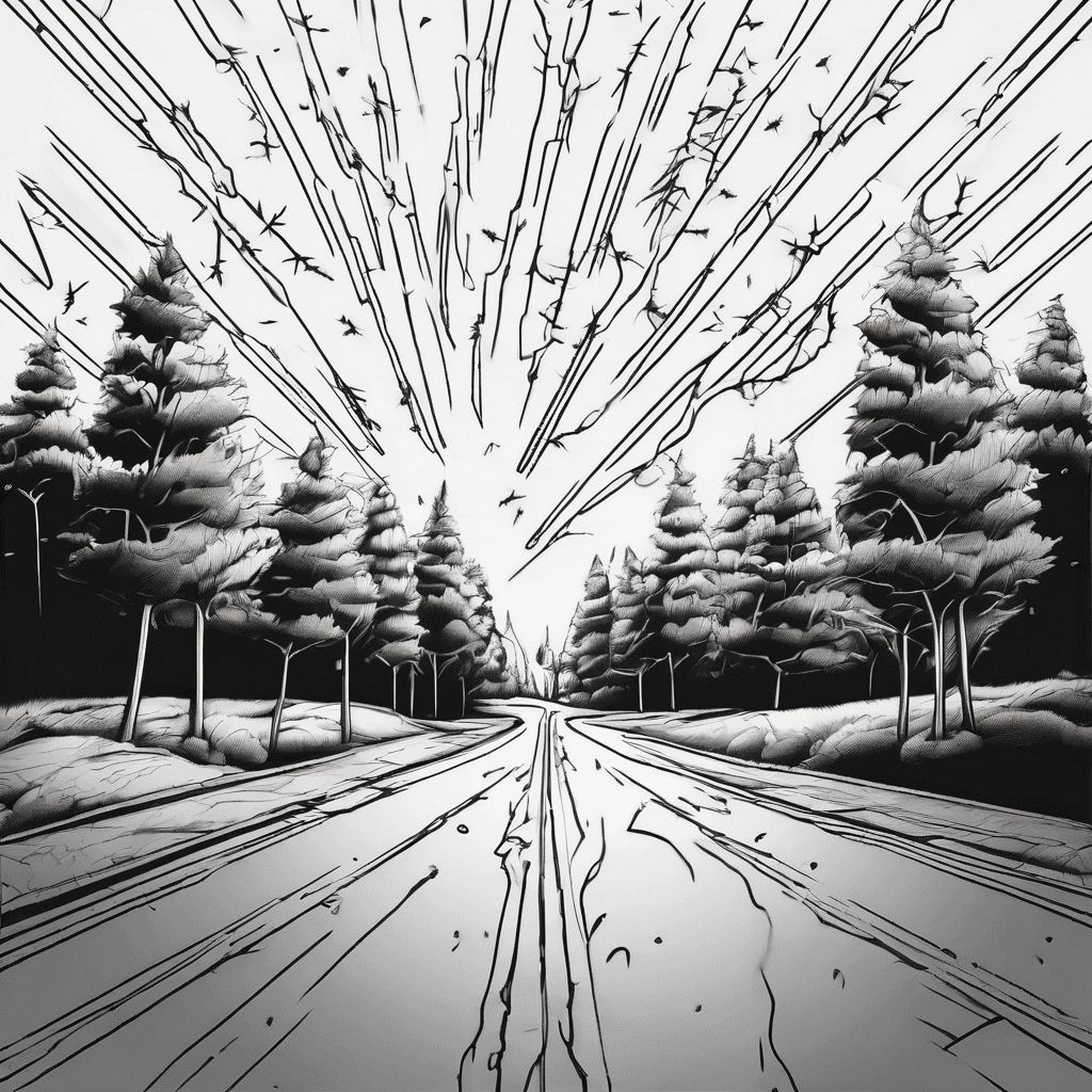 Lighting bolts scattered over road with trees beside it