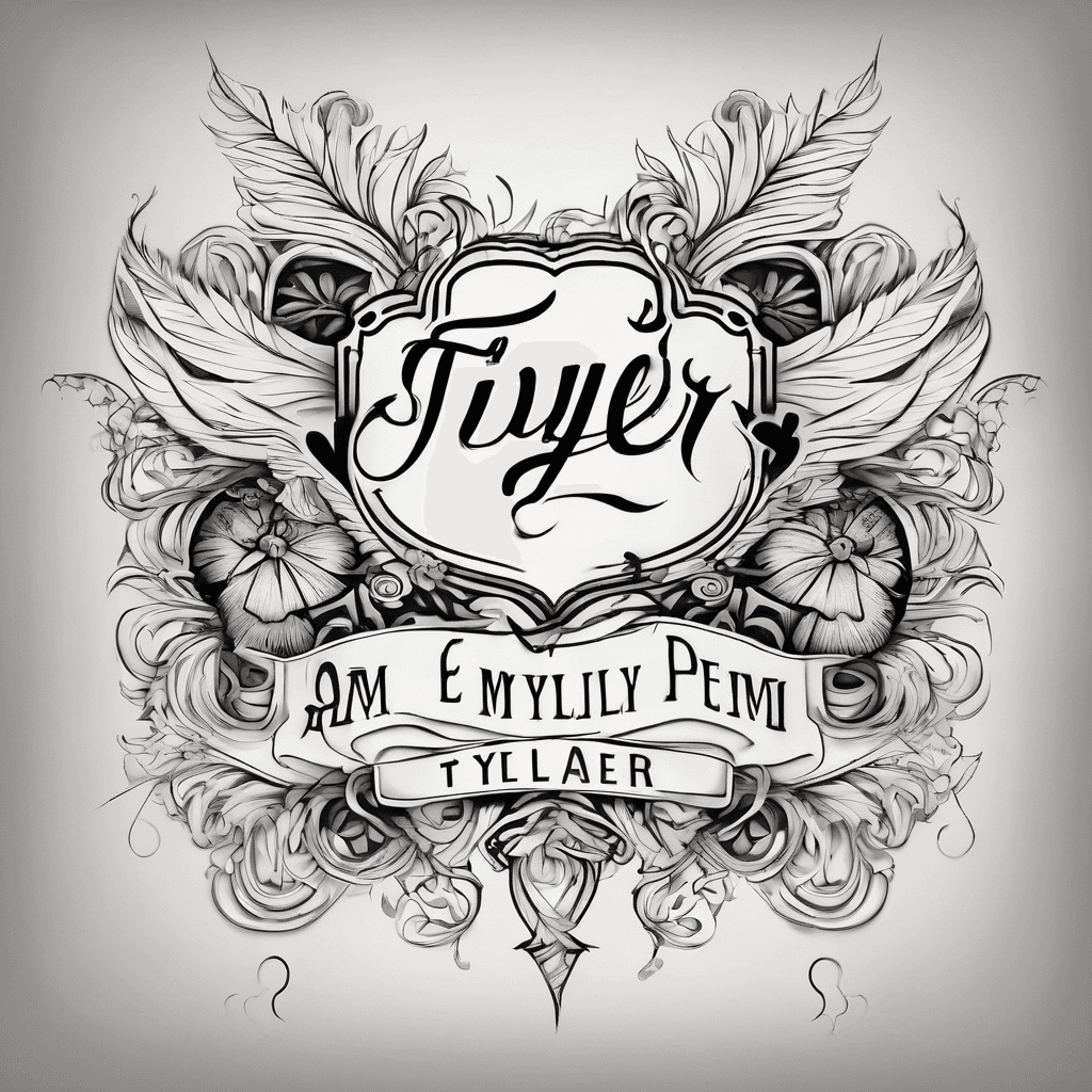 Elegant tattoo logo in calligraphy script style, featuring the names 'Tyler 30.07.2013,' 'Emily 02.05.2008,' and 'Pia.' Embellishments with swirling lines, floral elements, feather ornament, and heart symbol. Strong focus on decorative, ornate lettering and symmetry, black-and-white line drawing, clear background.