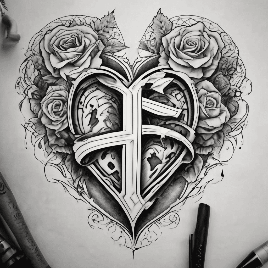 Create a tattoo for the combined letters A and E, the letter E is inside a human heart, but the letter A is connecting from outside the heart