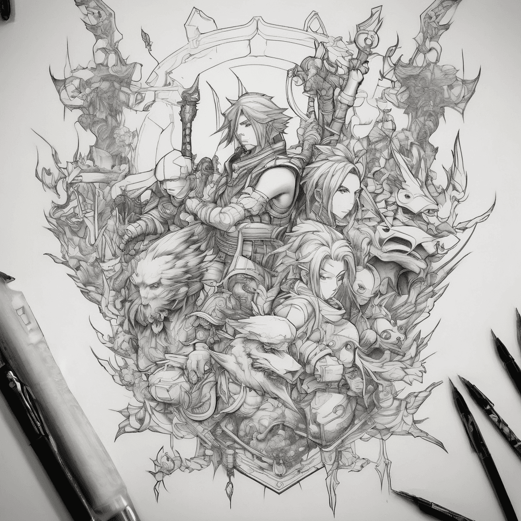 Elements from final fantasy tactics and final fantasy 7, no characters just elements from the story, artifacts and symbols