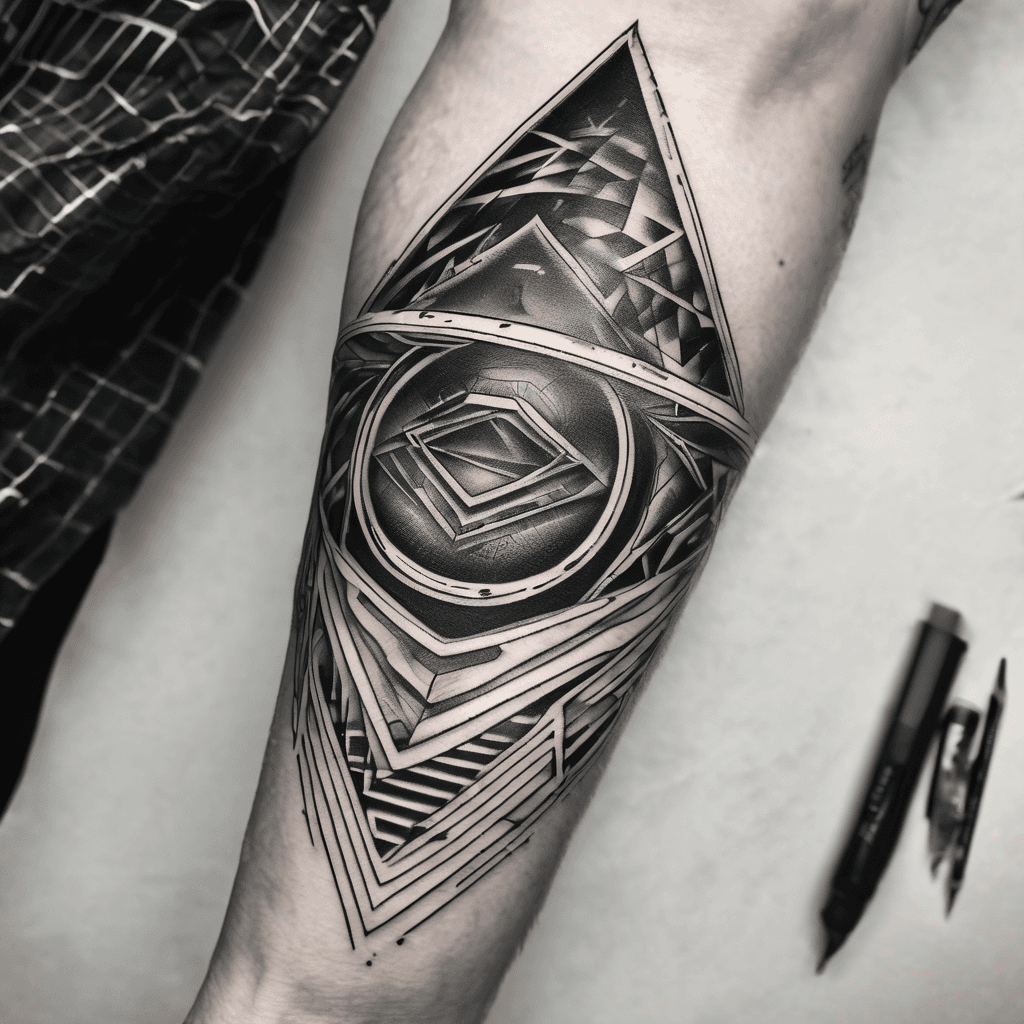 1. Base Structure: Thick, bold black band circling the forearm continuously. Clean edges, consistent width all around. 2. Embedded Pattern (Energy Flow): Angular motifs inside the band: interlocking triangles, zigzags, and sharp wave forms. Negative-space lightning “cuts” through the band in a few strategic places, giving the sense that energy is flowing through solid steel. Patterns should align perfectly around the arm, creating a seamless, continuous motion effect. 3. Accent & Depth: Dotwork or subtle gradient shading along the top/bottom edges to make the band pop from the skin. Inner wrist detail: single upward-pointing triangle as a symbol of growth and resilience. 4. Overall Feel: Geometric, bold, striking. Balanced and disciplined, but dynamic — capturing motion and energy. Works best in black ink with optional gray shading for depth; no color needed unless you want a futuristic twist.