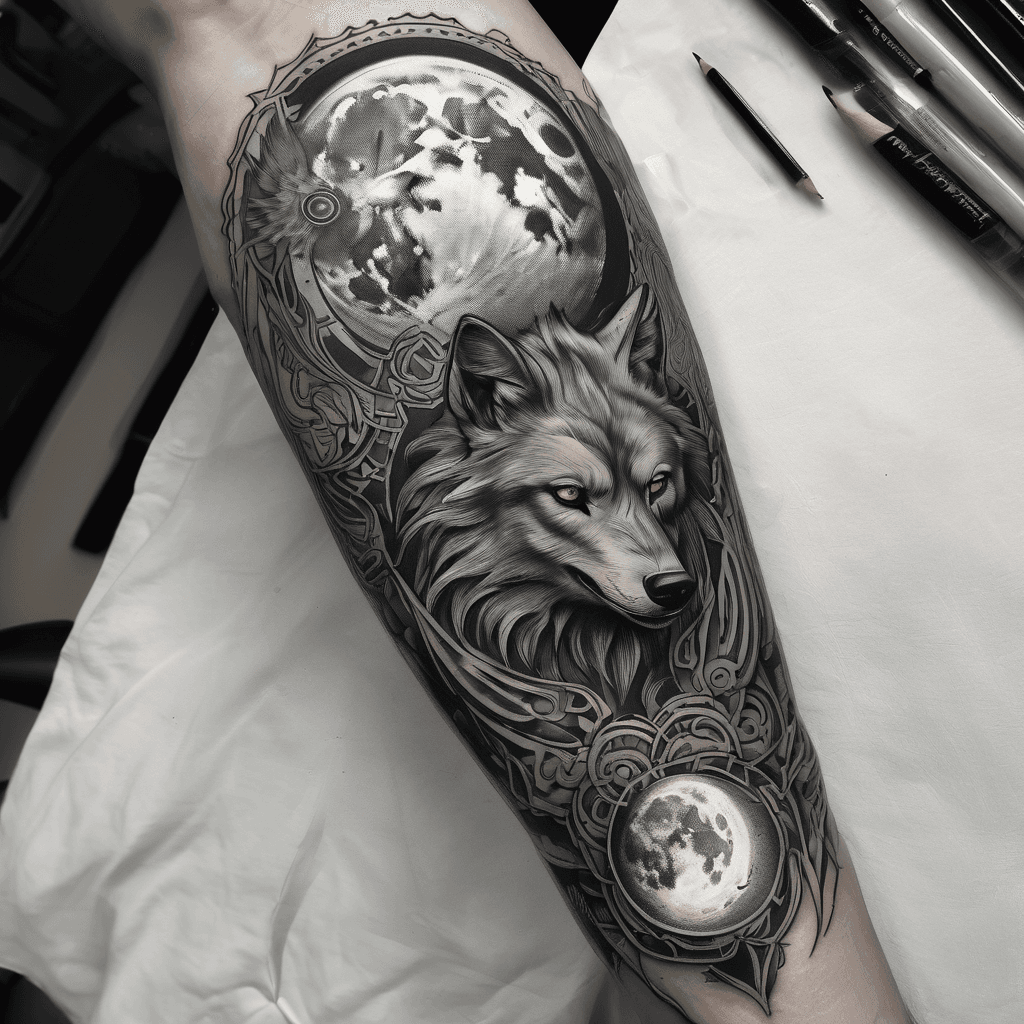 An upper arm sleeve with a moon, a crow, two wolves, skoll and hati chasing the moon and sun, and a skull