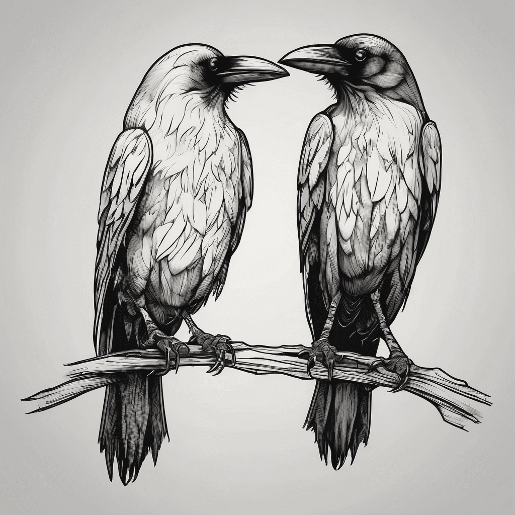 Two minimalist whimsical crows with large round eyes to make them appear cute and endearing facing each other with their beaks almost touching