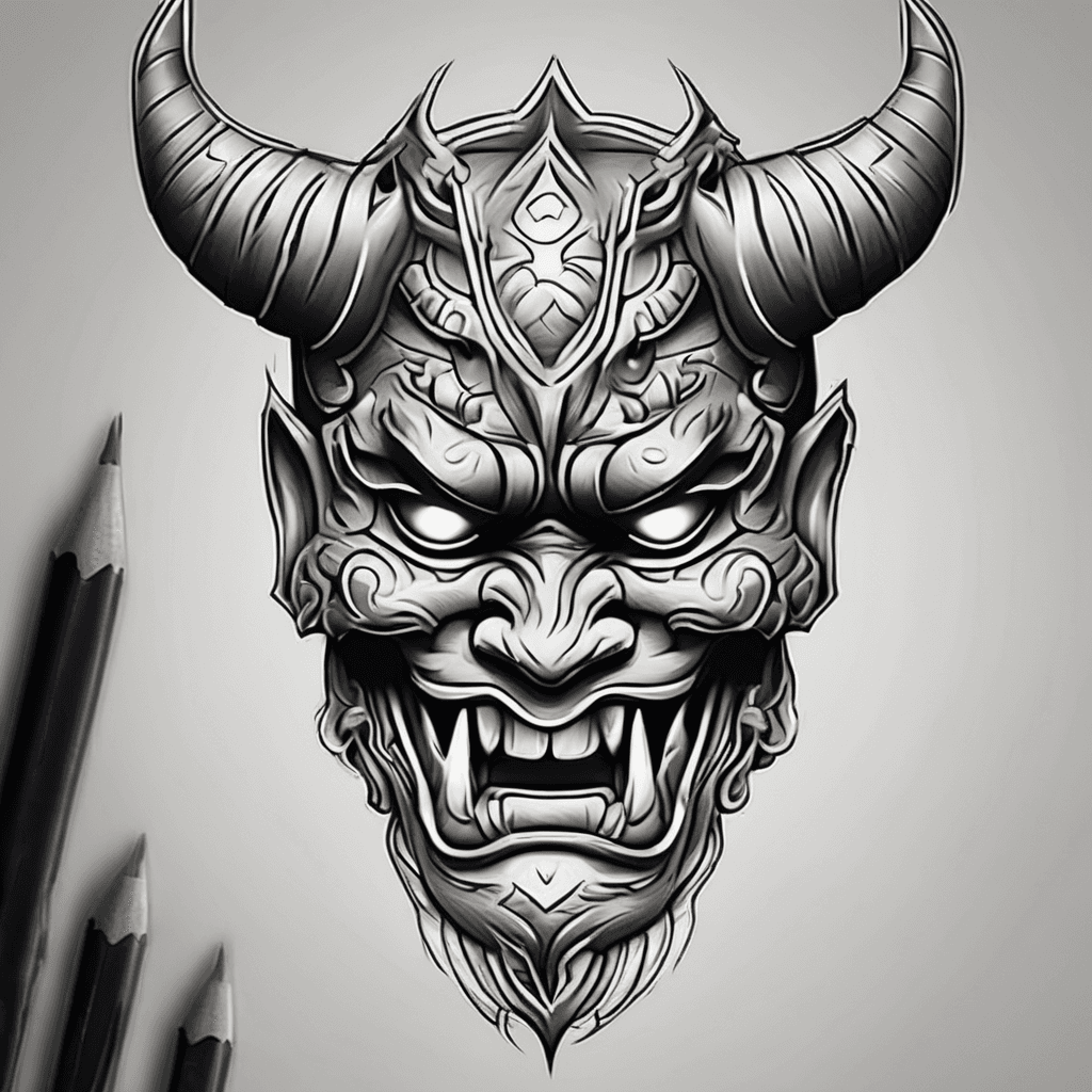 One of a kind oni mask placed on shin,under knee