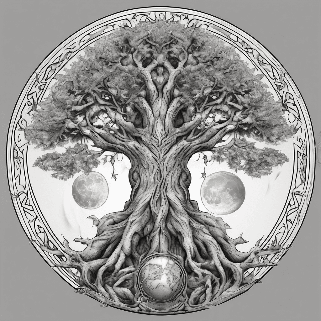 Tree of life with a fallen angel by the trunk carrying the world with a crest moon present