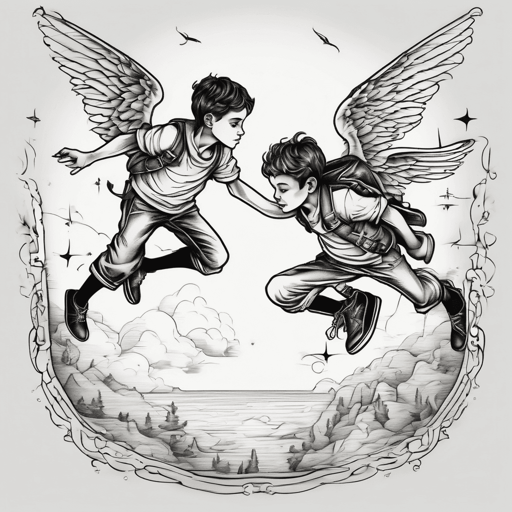 Peter Pan two boys flying next to him towards neverland