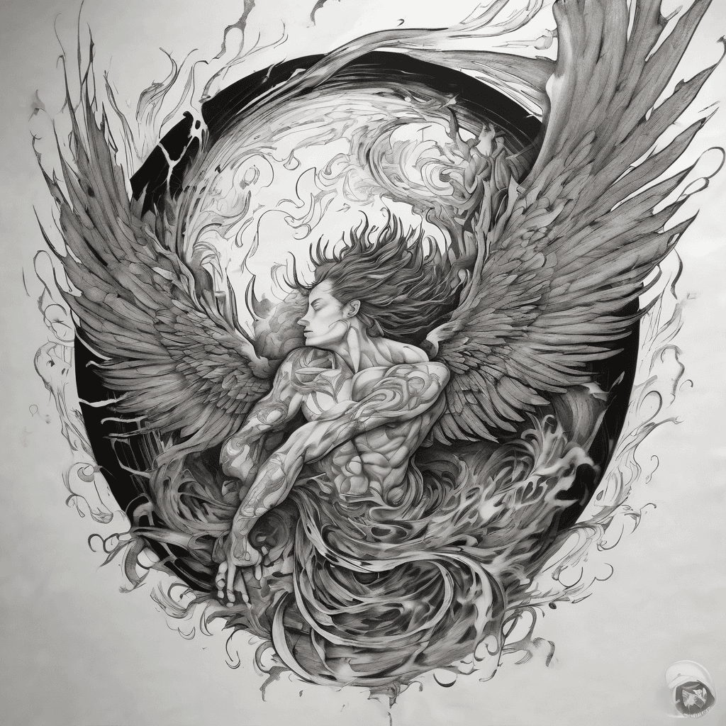 “Icare falling in a dramatic spiral, wings partially burned, body descending into darkness. Stylized flames and ashes swirl around him, creating movement. Integrated poetic text along the fall: ‘And the light said: ne surge amplius. Pride — the first fire. Gratia — ultima ash.’ Highlight keywords (‘light’, ‘flame’, ‘abyss’, ‘burn’, ‘anima’) in bold or cursive, slightly larger. Dark, mystical atmosphere, black and grey, finely detailed, engraving-inspired texture. Suitable for full back, sleeve, or side tattoo, with flowing composition around the body and flames.”