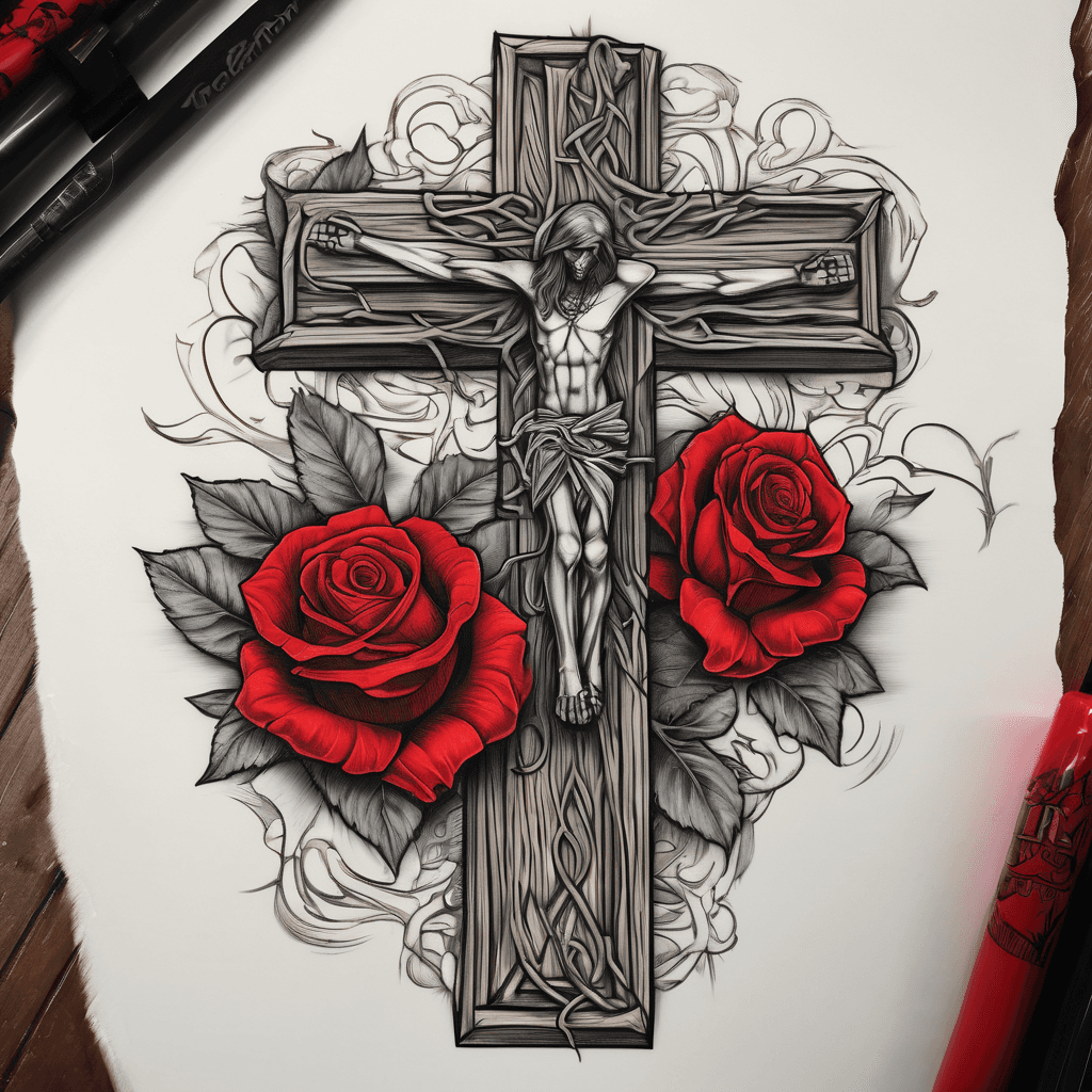 A lifelike wooden cross with intricate bark detailing, entwined with vibrant red roses, symbolizing love and faith intertwined on the forearm.